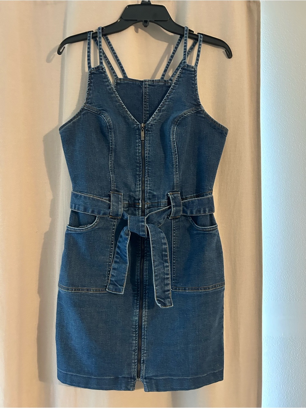 VENUS Blue Denim Zip-Front Tie-Waist Mini Dress